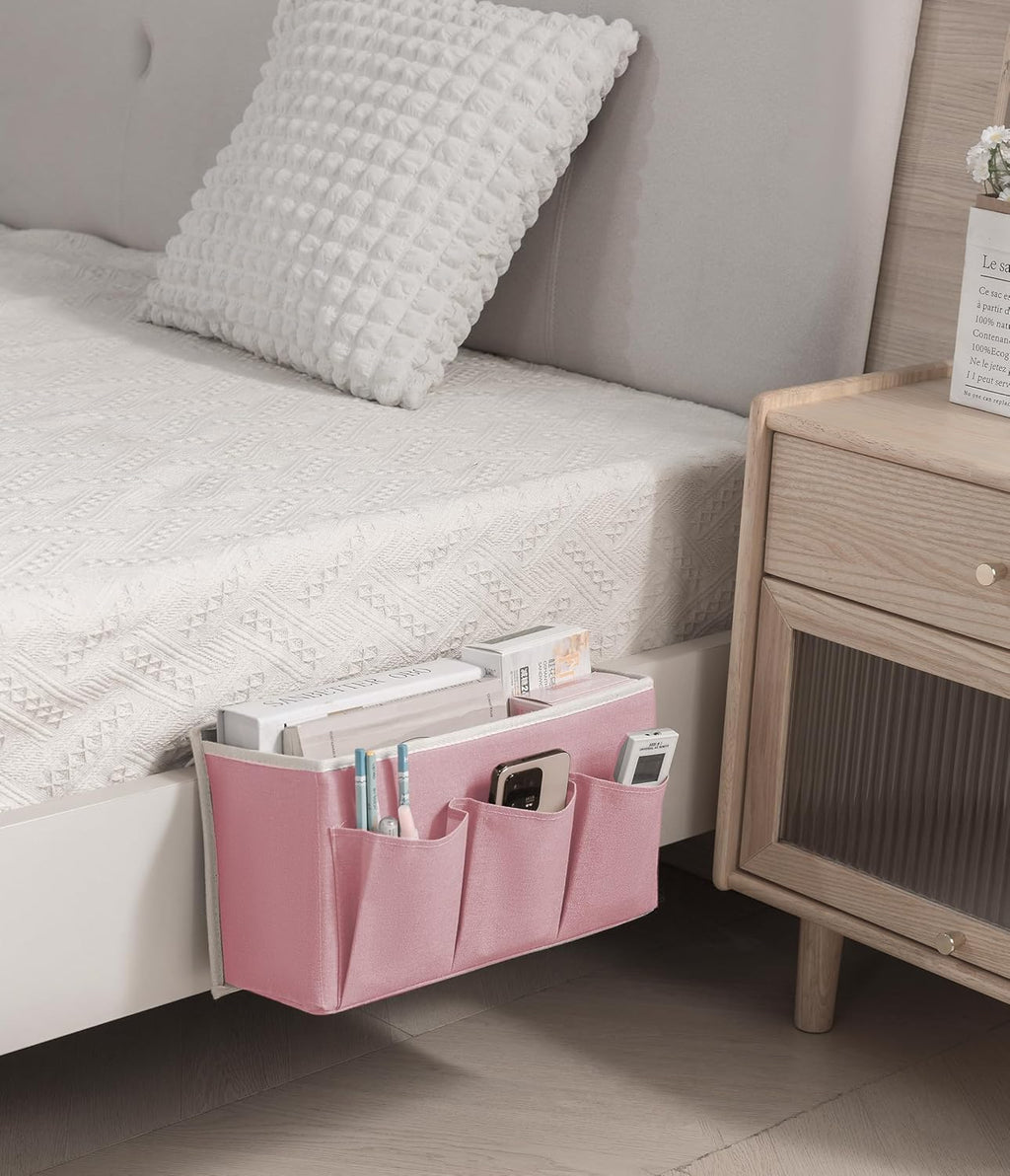 Bedside Caddy/Bedside Storage Organizer Hanging Bag with Three Options,Suitable for home beds, sofas, and dormitory beds—can hold magazines, books, phones, iPads, remote controls. (Pink)