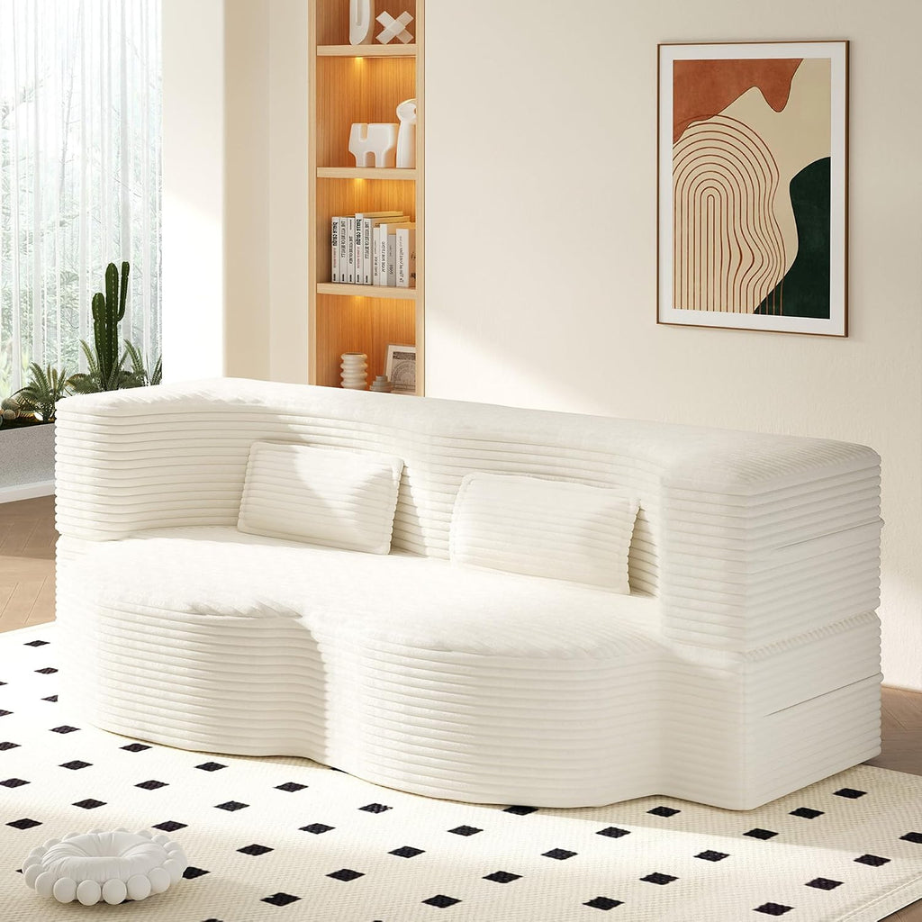 Convertible Folding Sofa Bed, 2-in-1 Full Size Floor Boneless Couch Bed, Loveseat sleeper Couch , Corduroy Floor Sofa, Memory Foam Sleeper SofaBed, Small couches for small spaces, No Assembly, Beige