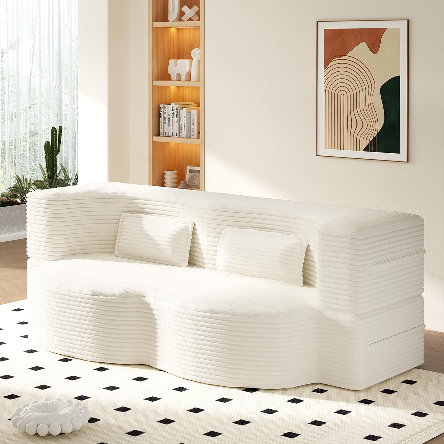 Convertible Folding Sofa Bed, 2-in-1 Full Size Floor Boneless Couch Bed, Loveseat sleeper Couch , Corduroy Floor Sofa, Memory Foam Sleeper SofaBed, Small couches for small spaces, No Assembly, Beige