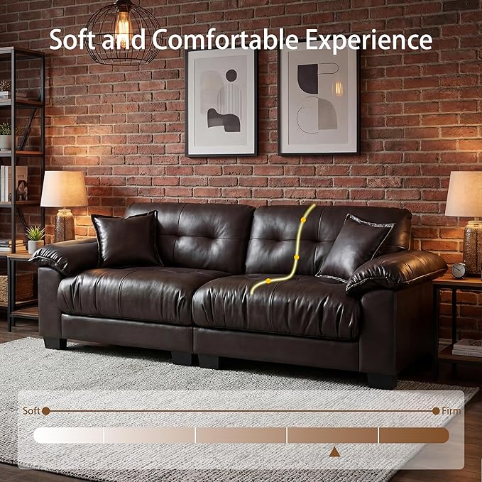 Faux Leather Sofa, Mid Century Modern Leather Upholstered Deep Loveseats, Comfy Cloud Couch, Tufted Pillow Top Arm Furniture for Living Room, Apartment, Chocolate