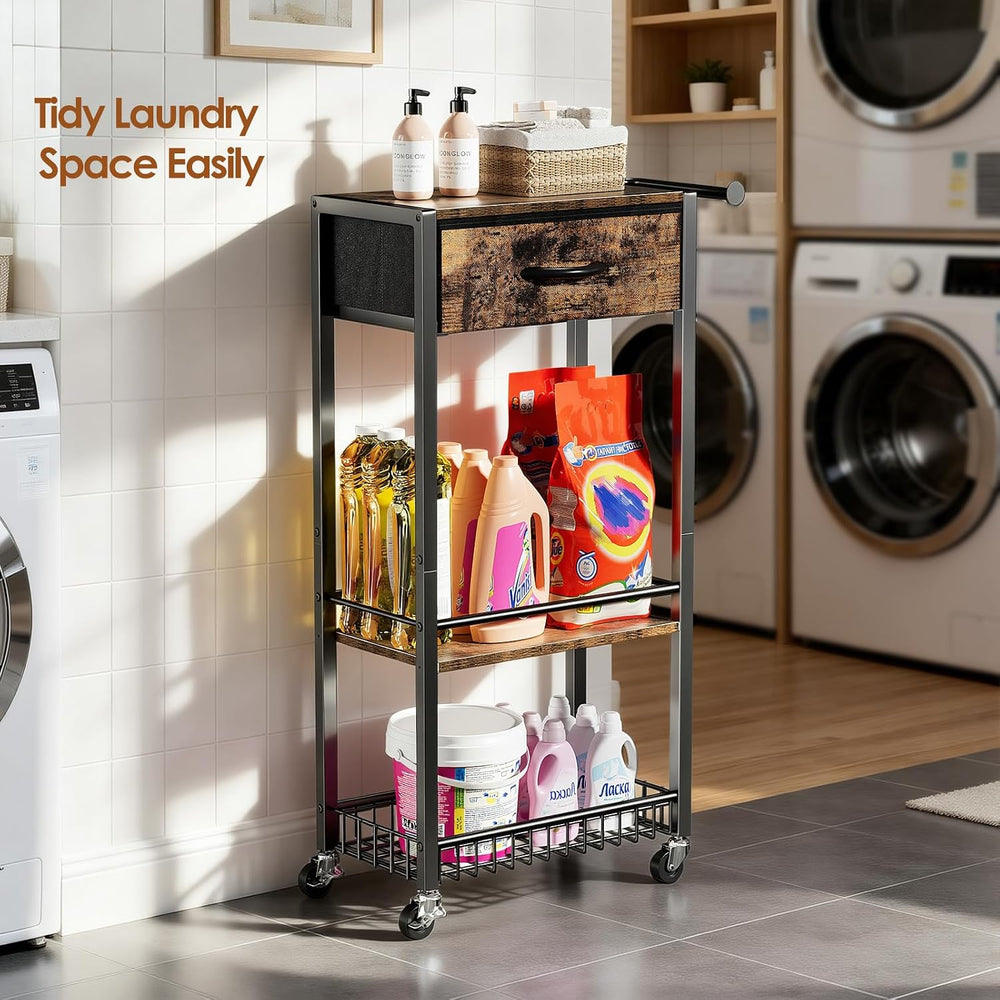 Lewondr 3-Tier Slim Storage Cart with Drawer, Rolling Utility Cart, Black | H...