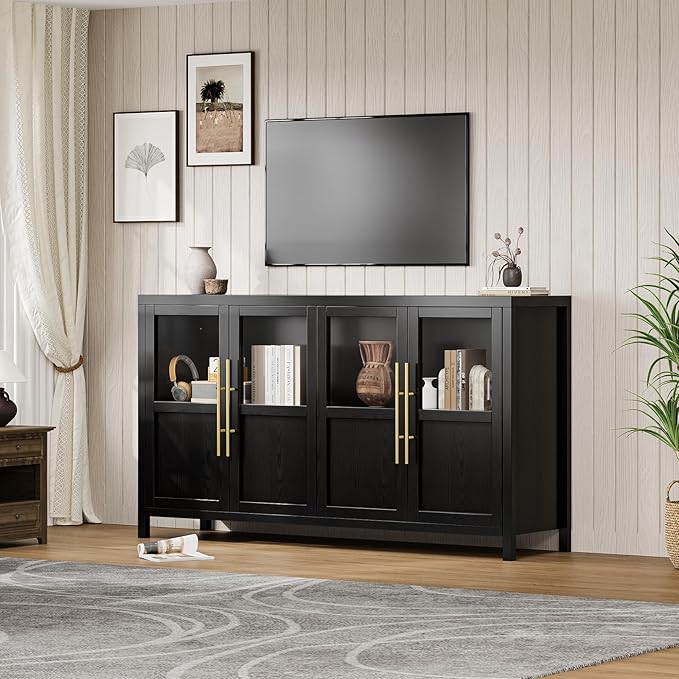 GarveeHome Sideboard Buffet Cabinet with 4 Glass Doors, 55" Buffet Table Coffee Bar Wine Bar Display Cabinet for Kitchen Dining Room, Living Room (Dark, Glass with 4 Doors)