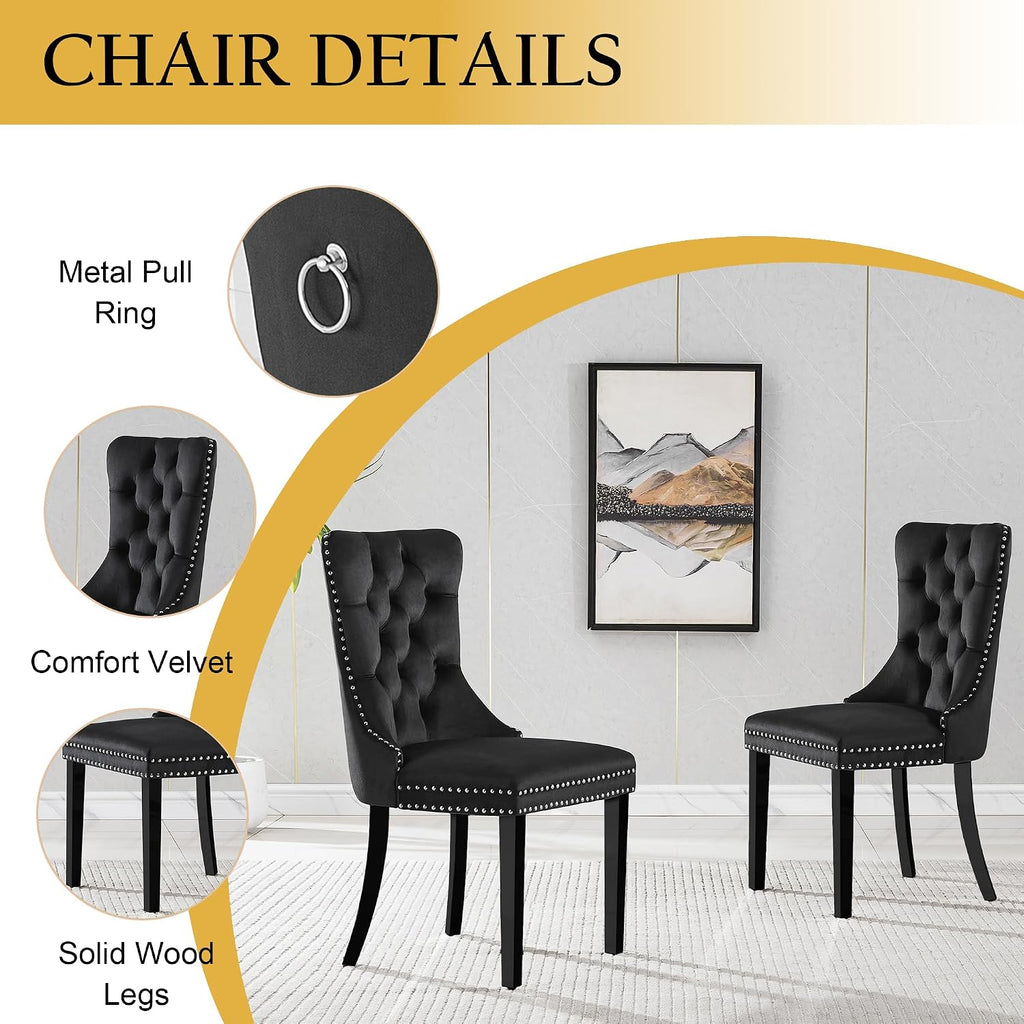 5-Piece Glass Dining Table Set for 4, Include 36" Round Tempered Glass Kitchen Table and 4 Black High Back Chairs for Dining Room, Living Room (Silver Table Legs)