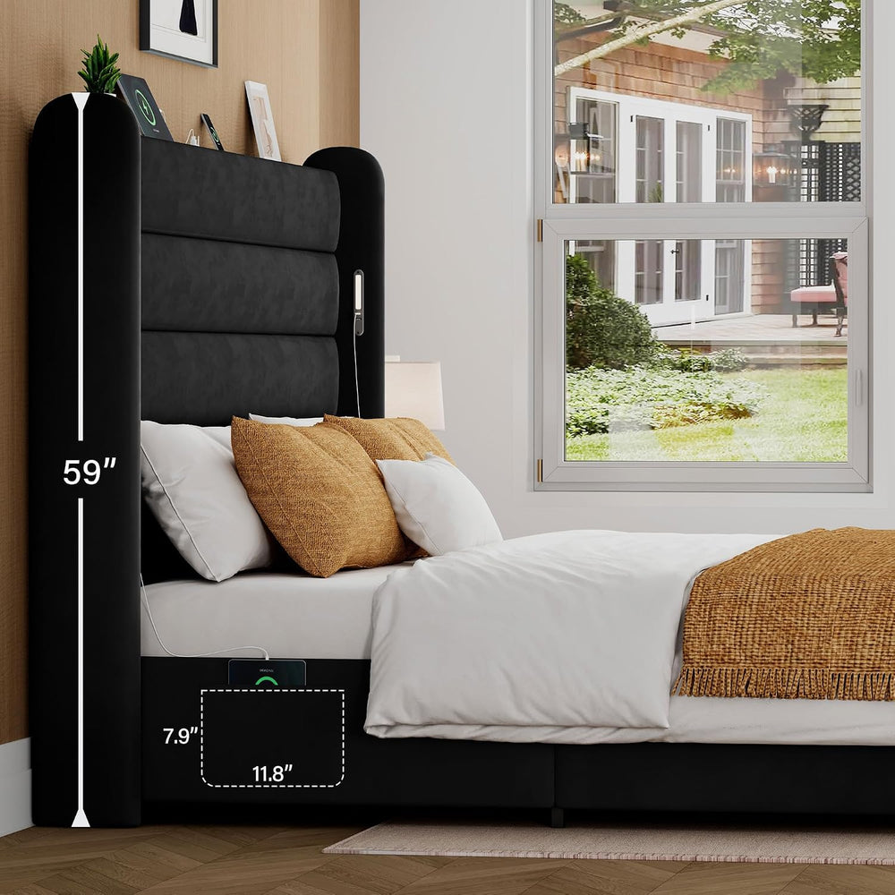 King Size Bed Frame with 59'' Tall Headboard with Readlight, Black