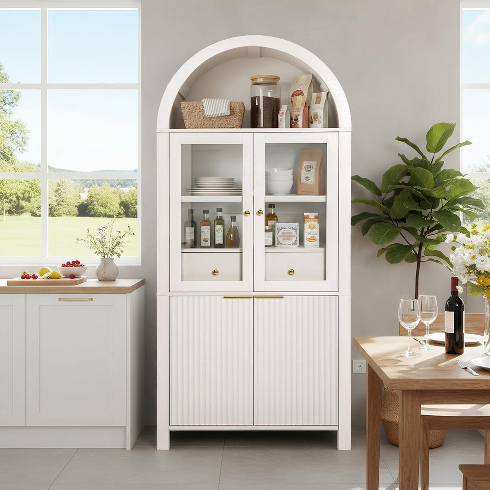 Fluted Tall Pantry Cabinet with Glass Door & Adjustable Shelves for Kitch...