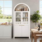 Fluted Tall Pantry Cabinet with Glass Door & Adjustable Shelves for Kitchen Storage and Living Room, Modern Farmhouse Arched Display Cabinet (White)