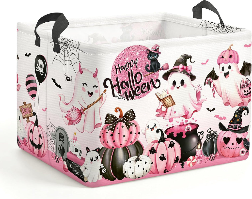 Clastyle Pink Halloween Spooky Basket Stuffers Nursery Kid Room Spide Bat Ghost Pumpkin Boo Basket Clothes Book Toy Storage Bin Box for Shelves, Cauldron, 40 * 30 * 30 cm