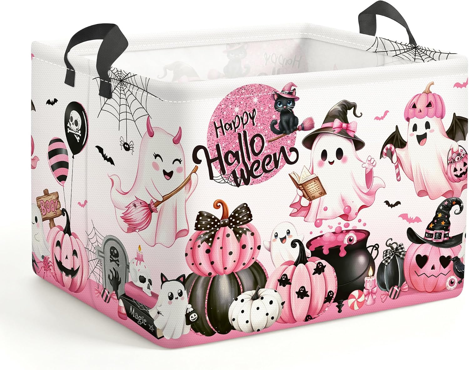 Clastyle Pink Halloween Spooky Basket Stuffers Nursery Kid Room Spide Bat Ghost Pumpkin Boo Basket Clothes Book Toy Storage Bin Box for Shelves, Cauldron, 40 * 30 * 30 cm