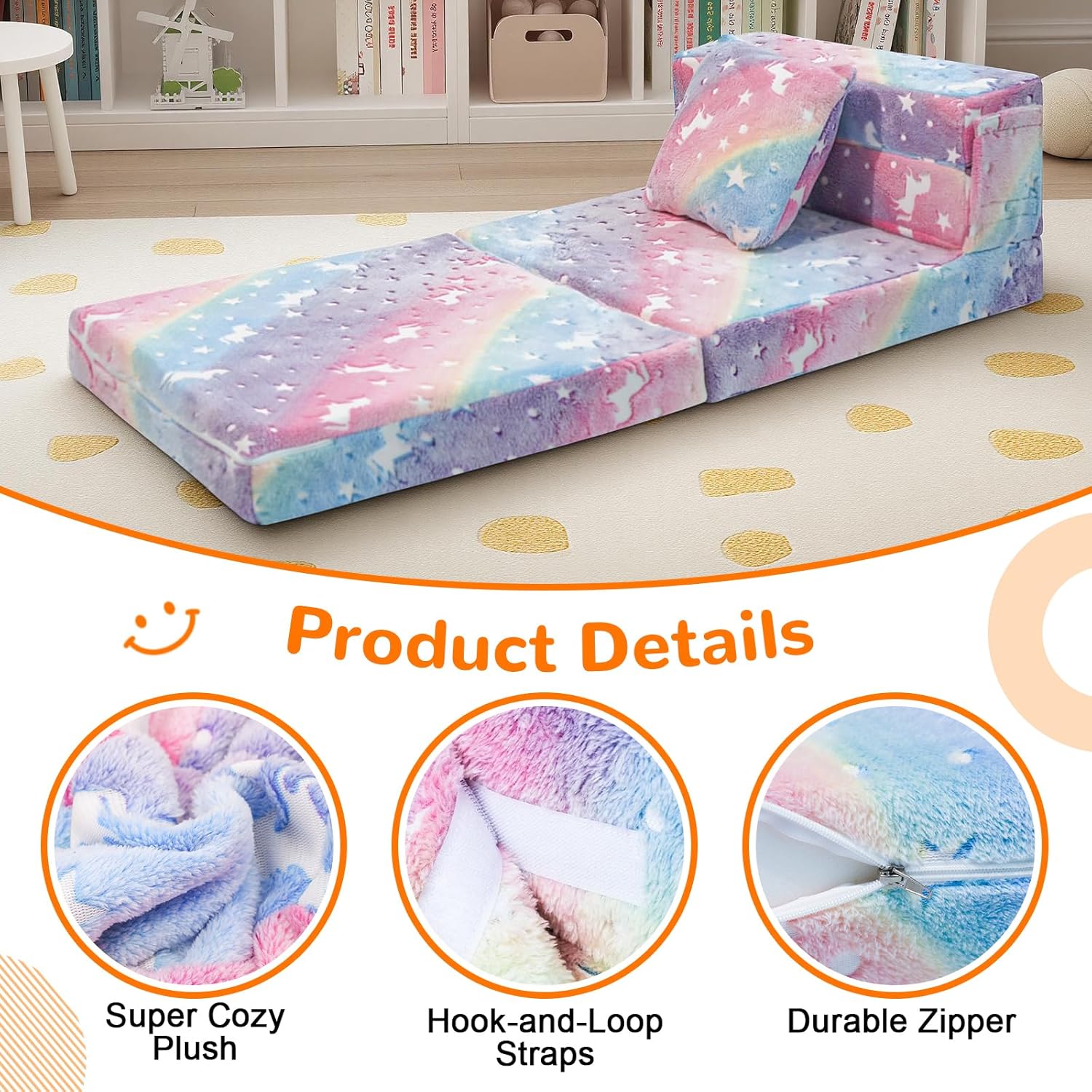 MeMoreCool Glow Rainbow Unicorn Tri-fold Sofa Bed for Kids, Foldable Futon Mattress, Chair, and Floor Couch for Playroom