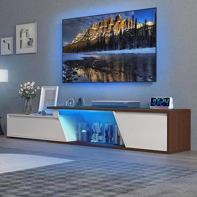 Verano Garden Extendable TV Stand with Led Lights, Wood TV Media Console with 2 Drawers & 1 Cabinet, Modern Entertainment Center Up to 90 Inch TV for Living Room Bedroom, 63" - 90.6" (White & Walnut)