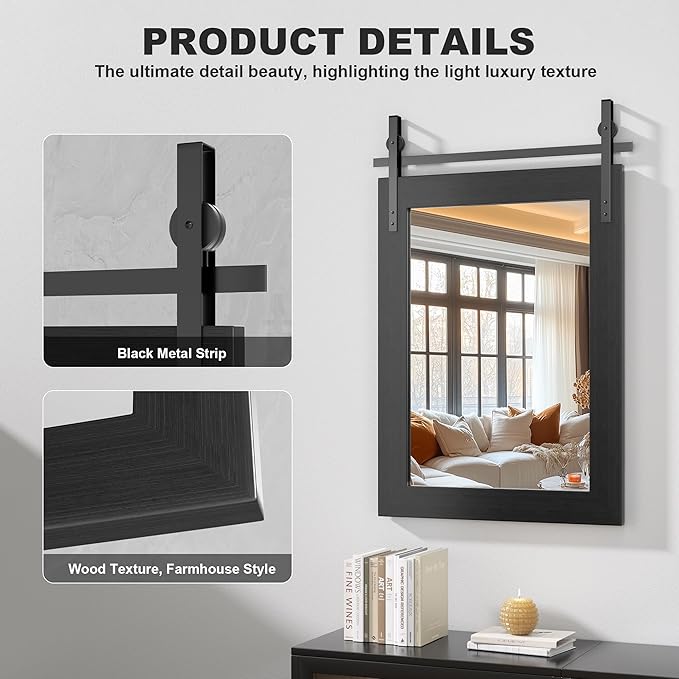 Hasipu Farmhouse Bathroom Mirror, 55"x36" Rustic Wood Framed Wall Mounted Mirror, Black Vintage Vanity Mirror Barn Door Style Decrative Mirrors