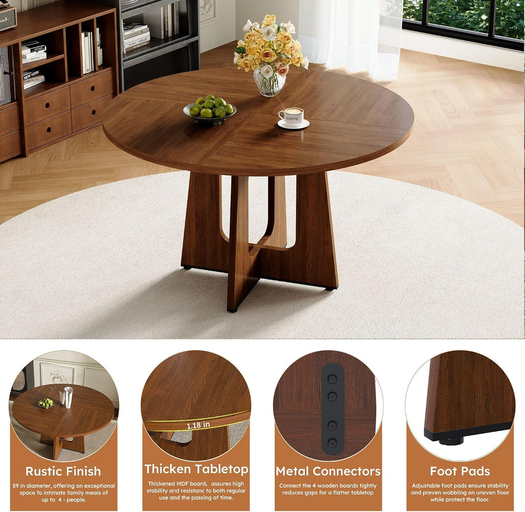 47" Round Dining Table Set for 4, Walnut Wood Grain Table and 4 Brown Suede Upholstered Chairs Set, Mid Century Modern Kitchen Table Set with Cross Legs
