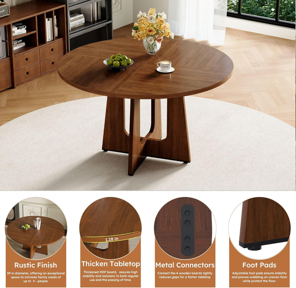 47" Round Dining Table Set for 6, Walnut Wood Grain Table and 6 Brown Su...