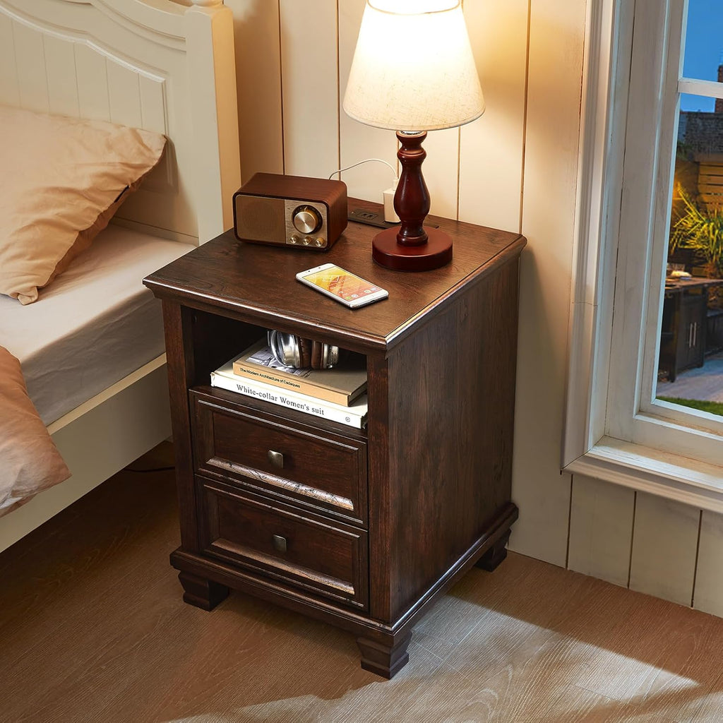 SAVOR LIFE Farmhouse Nightstand with Charging Station, Walnut | End Tables Bedroom with 2 Drawers, Traditional Night Stand with Open Shelf & Thickened Top & Square Wooden Legs