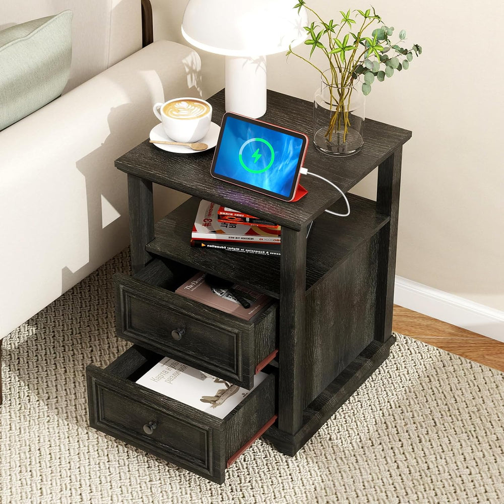 MUUEGM Night Stand with Charging Station, Dark Rustic Nightstands 18 Inch Bed...