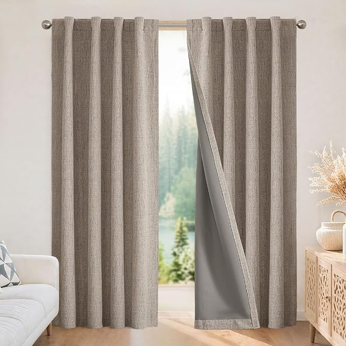 Joydeco Blackout Curtains for Bedroom - 108 Inch Long 100% Light Blocking 2 Panels Set Linen Drapes, Thermal Insulated Room Darkening Curtains, Linen Textured for Living Room, Rod Pocket & Back Tabs