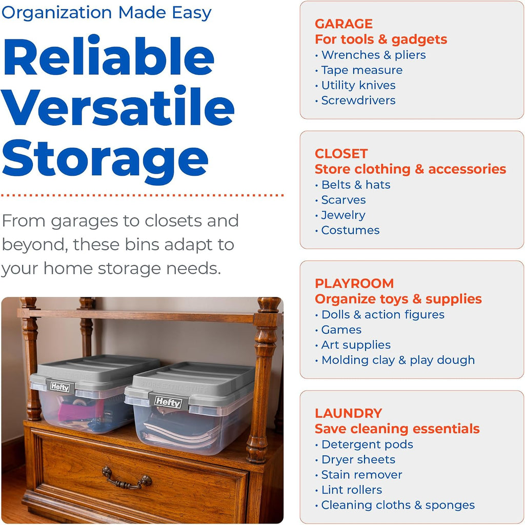 Hefty 18 Qt Hi-Rise Storage Bin with Lid, Stackable Plastic Storage Container, Organizer for Home, Garage & Closet, 8 Pack, Gray