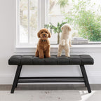 LUE BONA 45" Entryway Bench with Storage Shelf, End of Bed Bench with Tufted Faux Leather Seat, Bedroom Bench with Metal Frame, 330 LBS Capacity for Entryway, Living Room, Hallway, Black