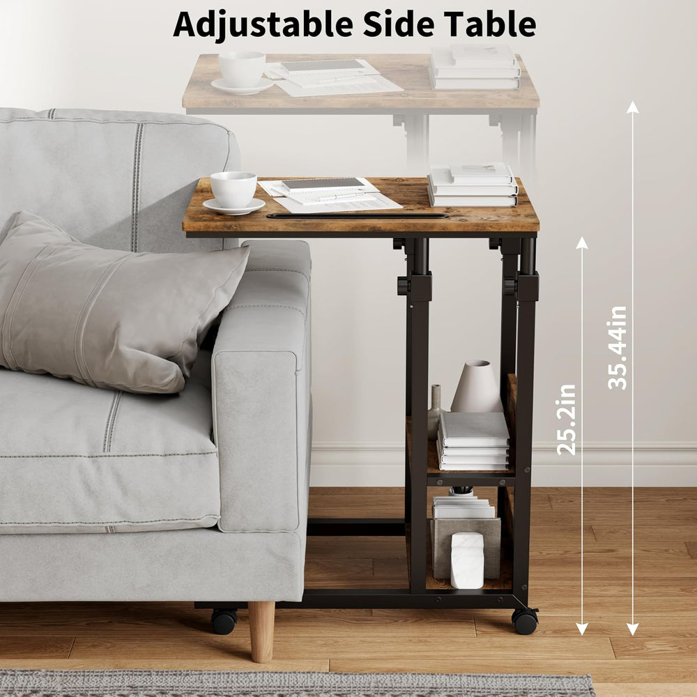 Gyfimoie C-Shaped End Table with Wheels, Side Table Adjustable Height, TV Tra...