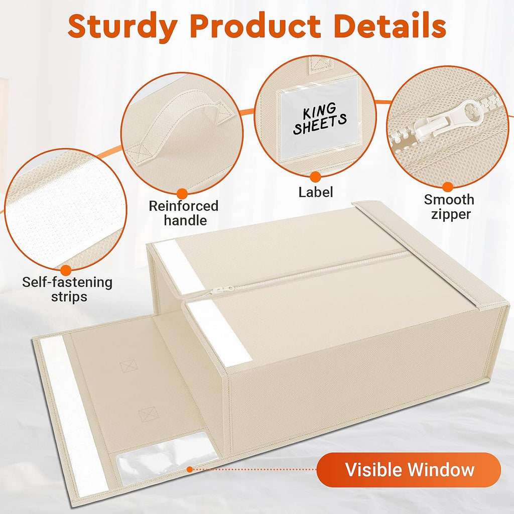 2 Pack Bed Sheet Closet Organizers and Storage,Sturdy Foldable Storage Containers with Window and Label,Storage and Organization for Bedding Sheets,Duvet Covers,Blankets (Beige)
