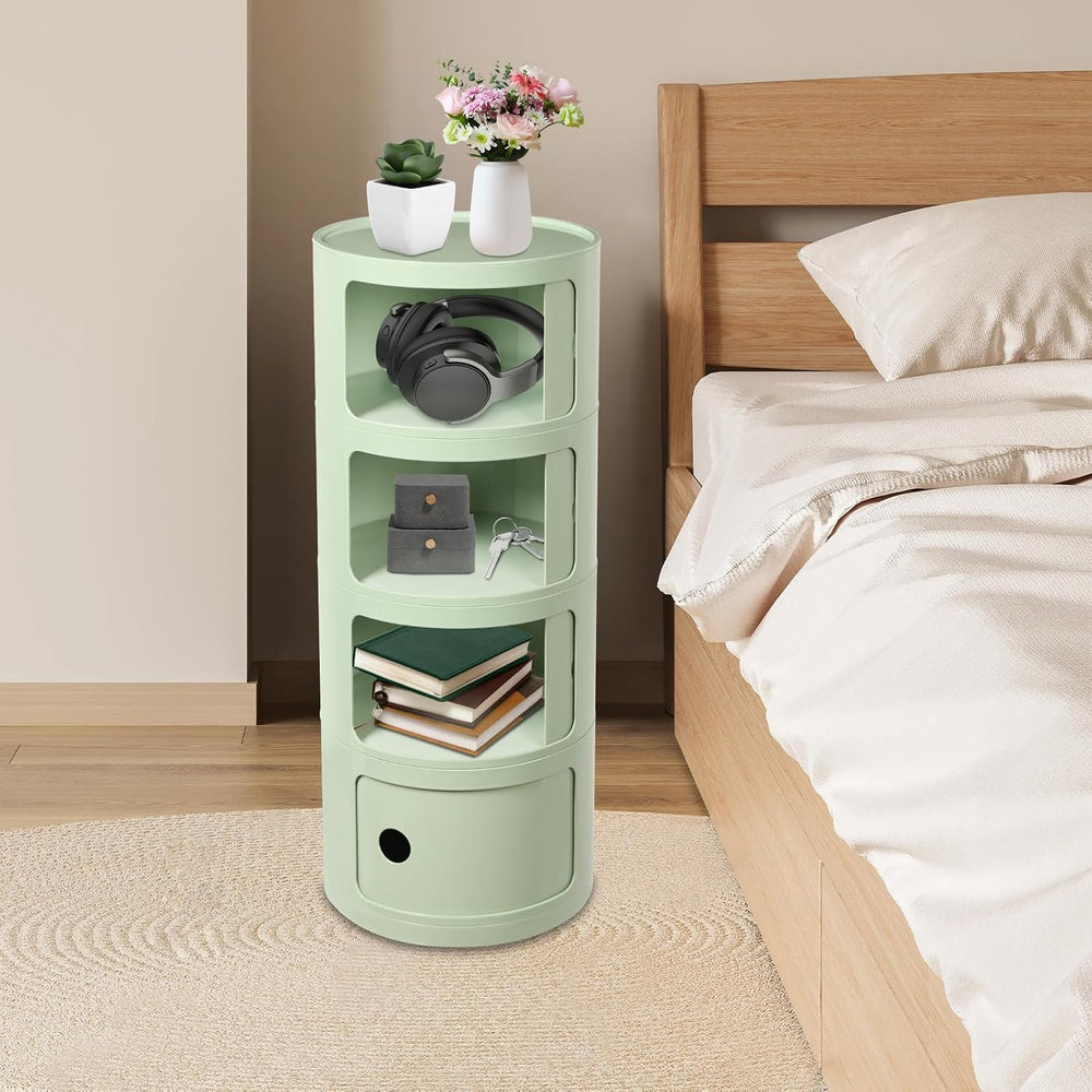 Round Nightstand, 4 Tier Circular Side Table with Sliding Doors, Modern Cylin...