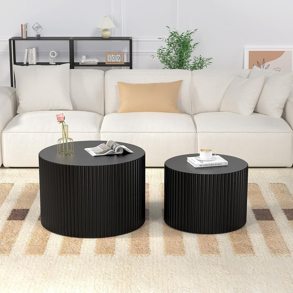 Round Wood Coffee Table Set of 2 Nesting Coffee Tables Black 18.9 inch | Mode...