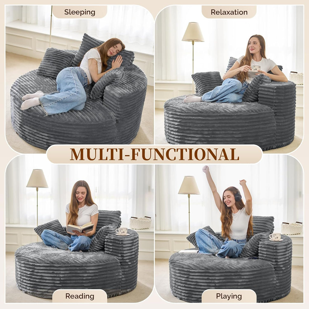 55''W 3.5CM Corduroy Single Foam Sofa, Oversized Round Chair with Pillows, Modern Sleeper for Living Rooms, Lounges, Nurseries and Projection Rooms, Wide-Arm Lounge Chair Armchair, Dark Grey