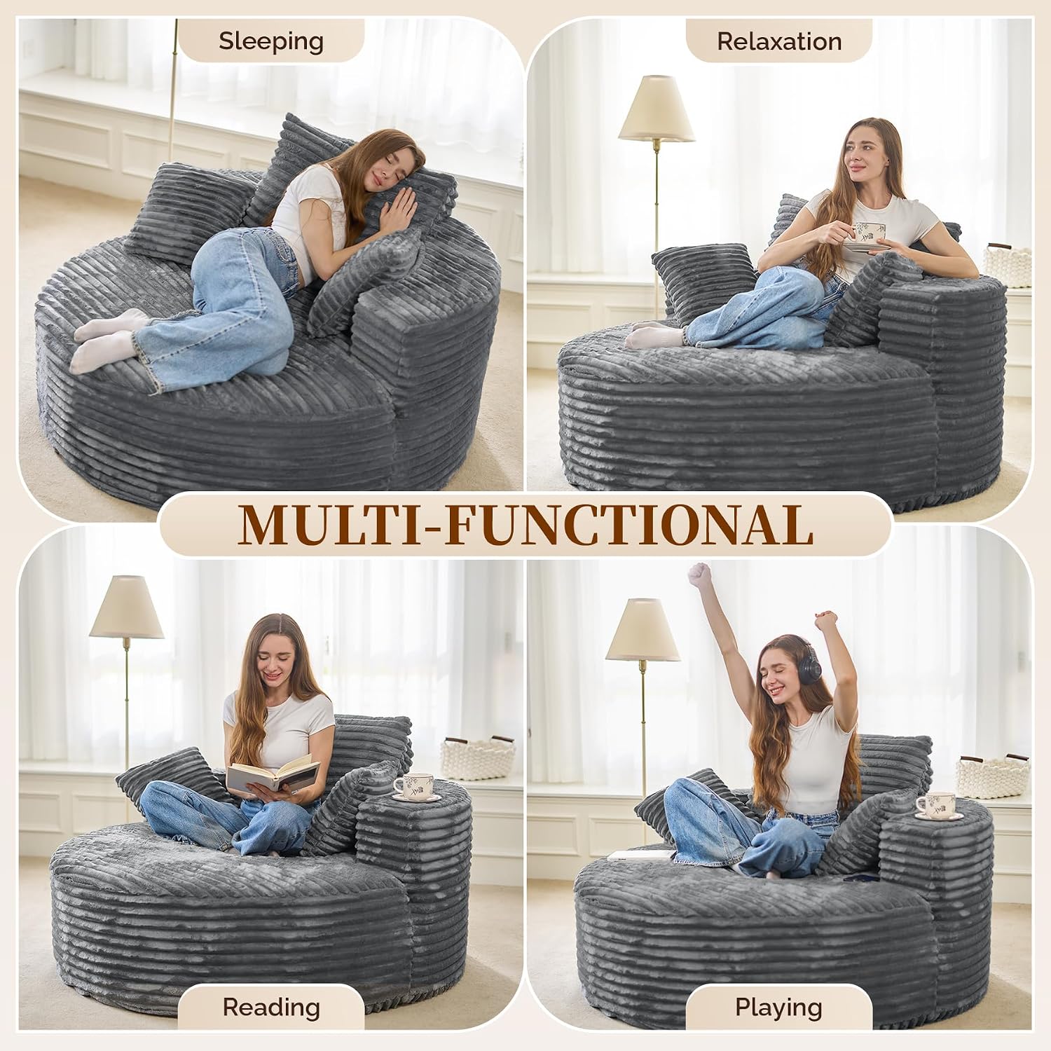 55''W 3.5CM Corduroy Single Foam Sofa, Oversized Round Chair with Pillows, Modern Sleeper for Living Rooms, Lounges, Nurseries and Projection Rooms, Wide-Arm Lounge Chair Armchair, Dark Grey
