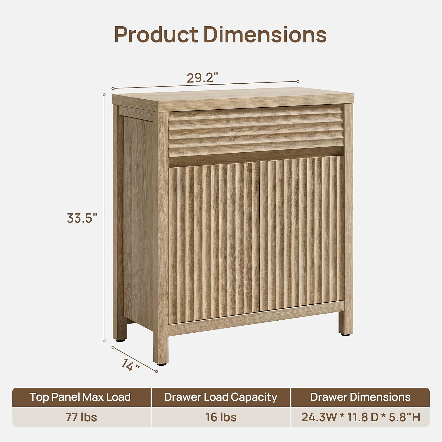 SICOTAS 29" Fluted Buffet Cabinet with Drawer, Modern Storage Cabinet | Elegant Fluted Design, Handle-Free, Adjustable Shelf, 1.38" Thick Panels, Living Room, Kitchen & Entryway, 1 PCS, Light Oak