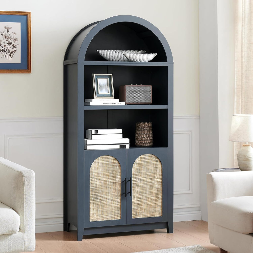 RowyPoey Rattan Arched Cabinet Bookshelf - 69.3” Tall Mid Century Display Cab...