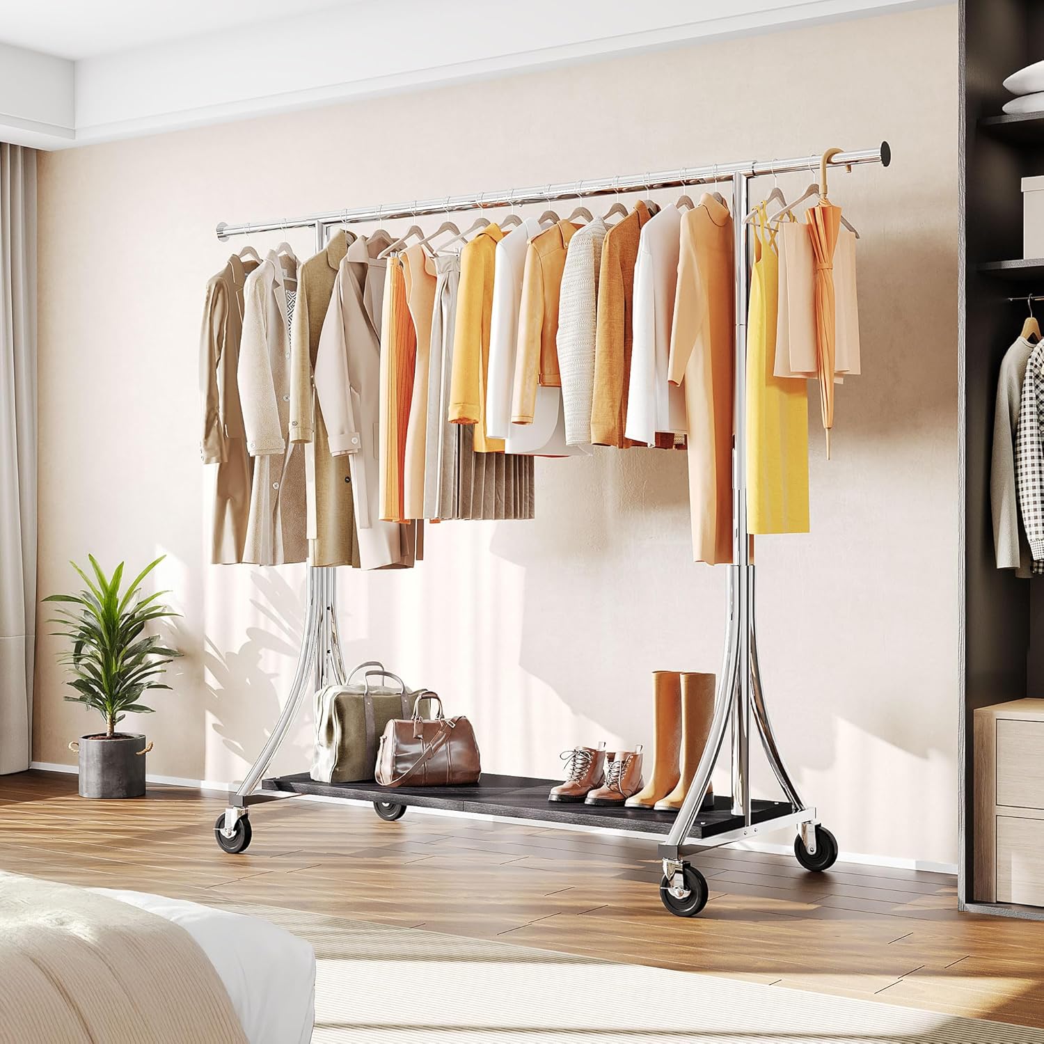 HOKEEPER Clothes Rack with Wood Shelves Height Adjustable Clothing Rack with Lockable Wheels 500LBS Portable Wooden Garment Closet for Bedroom, Living Room, Laundry, Balcony, Silver