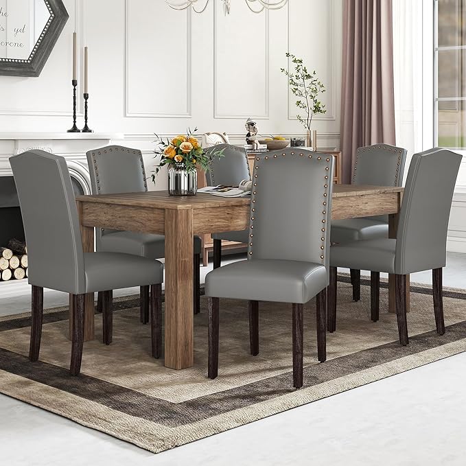 LSSBOUGHT PU Dining Chair, Kitchen Chair with Copper Nails and Solid Wood Legs for Dining Room,Restaurant (Light Grey, 2PCS)