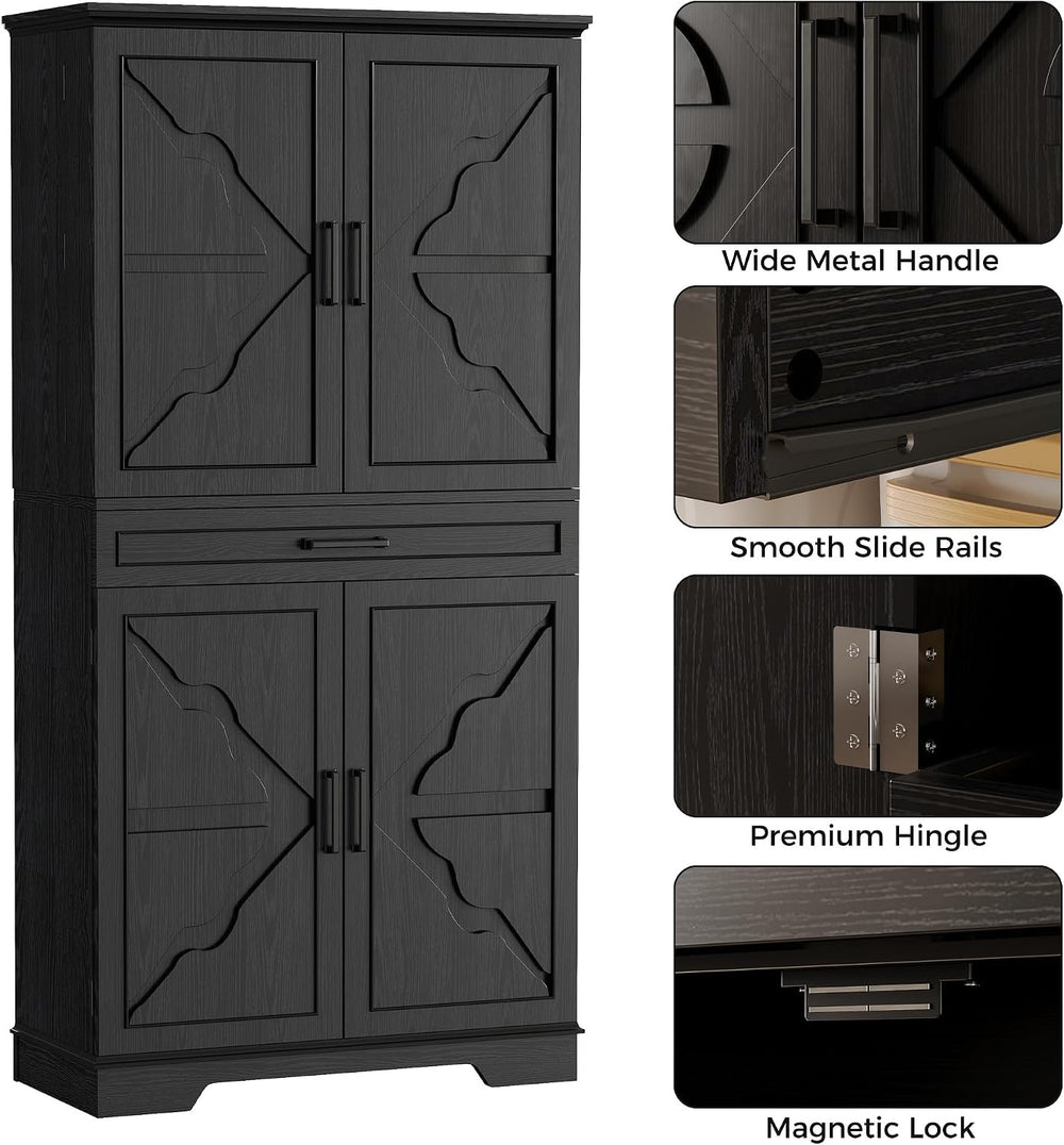 IRONCK 72" Farmhouse Kitchen Pantry Cabinet with Sliding Storage Rack,Bl...