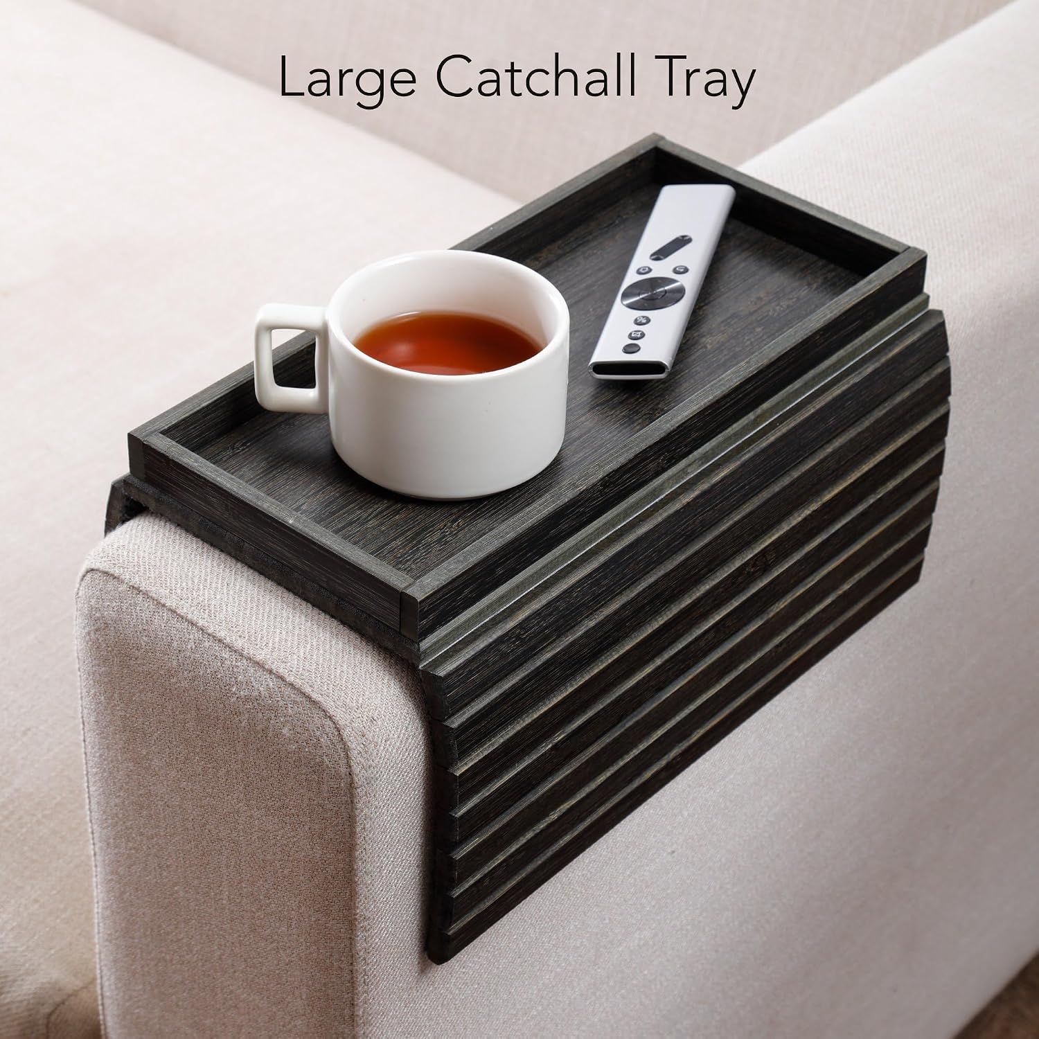DETOR Sofa Arm Tray with Spacious 12.4" x 5.4" Storage Box, Ebony Bamboo Finish, Enhanced Non-Slip Felt Bottom, Sturdy Bamboo Slats, Fits Armrests 6" and Wider