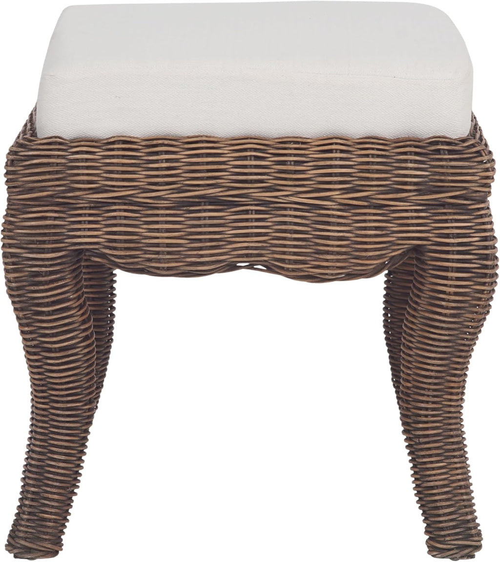 JONATHAN Y Rowan 19.7" Coastal Woven Rattan Vanity Stool, Black Wash | Bohemian Art Deco Accent, White Padded Upholstered Seat, Solid Mango Wood Base, Supports Up To 225 Pounds