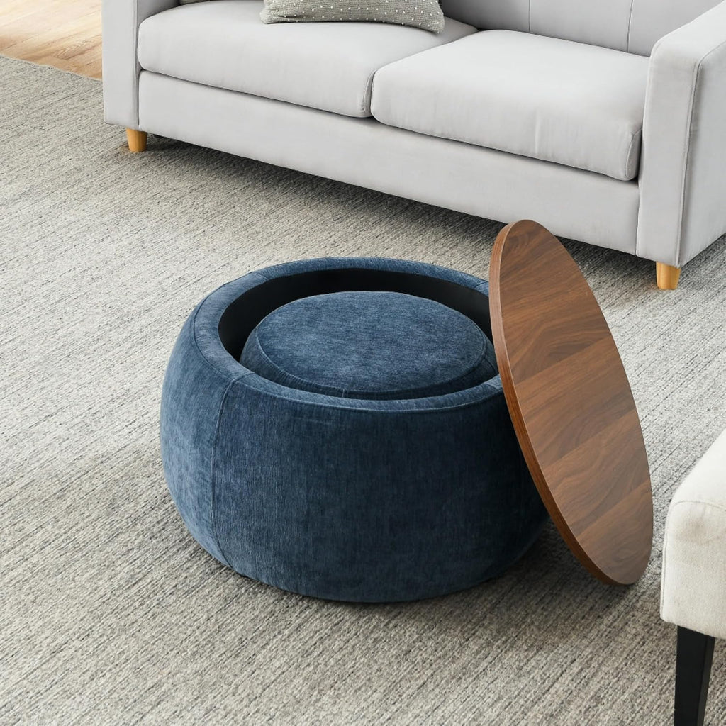2 in 1 Round Storage Ottoman, Convertible End Table Ottoman with Small Seat, Multi-Functional Padded Hidden Storage Ottoman for Living Room Bedroom (Dark Blue)