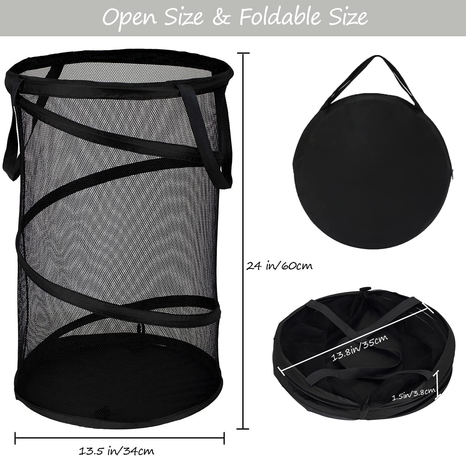 BATTOO 2 Pack Large Collapsible Laundry Basket Foldable Mesh Pop Up Hamper with Handles for Laundry Room, Bathroom, Kids Room, College Dorm, Travel, Storage Organizer Black