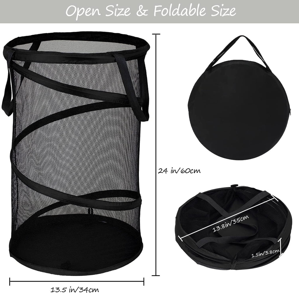 BATTOO Collapsible Laundry Basket Foldable Mesh Pop Up Hamper with Handles for Laundry Room, Bathroom, Kids Room, College Dorm, Travel, Storage Organizer Black