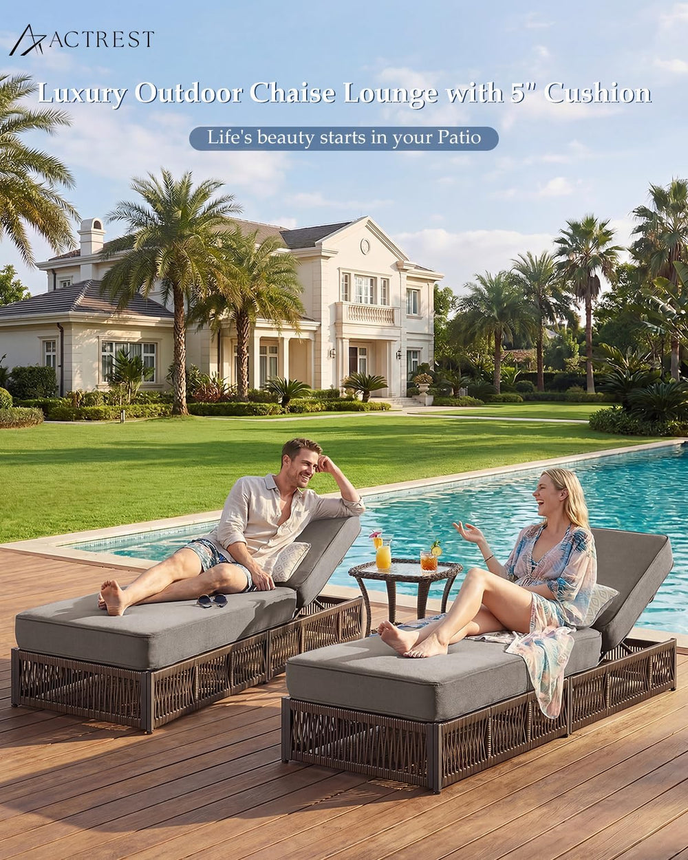 Luxury Outdoor Chaise Lounges with 5 Inch Thickened Cushions - Set of 2 High ...