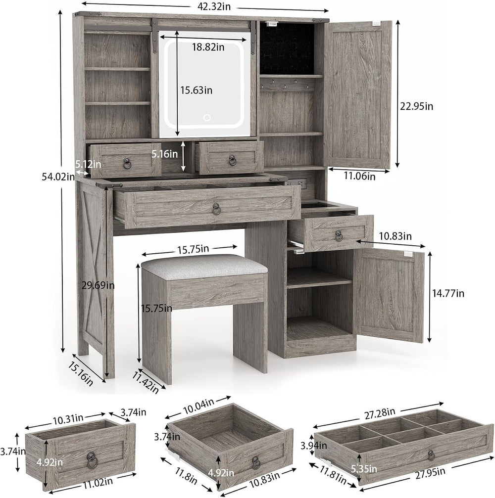 Farmhouse Vanity Desk with Mirror and Lights, 42” Makeup Vanity with Charging...