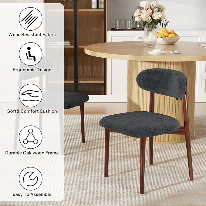Wooden Dining Chair Set of 3, Modern Dining Chairs with with Curved Back, Fabric Upholstered Kitchen Dining Room Chairs with Adjustable Legs for Farmhouse Dining Living Room,Dark Grey