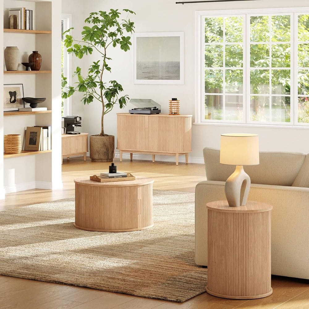 LINSY HOME Round Fluted End Table, Tall Side Table with Sliding Tambour Door ...