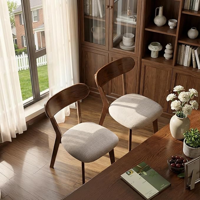 100% Solid Oak Wood Dining Chairs,Mid Century Modern Dining Chairs with Upholstered Cushion,Kitchen,Dining Room Chairs Set of 2 (2, Walnut Color Grey Upholstery)