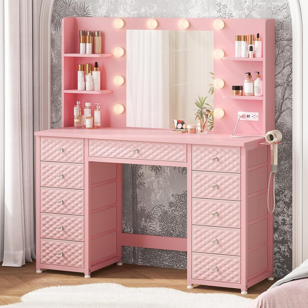 Pink Vanity Desk with Mirror and Lights, 11 Drawers, 43.3", Power Strip ...