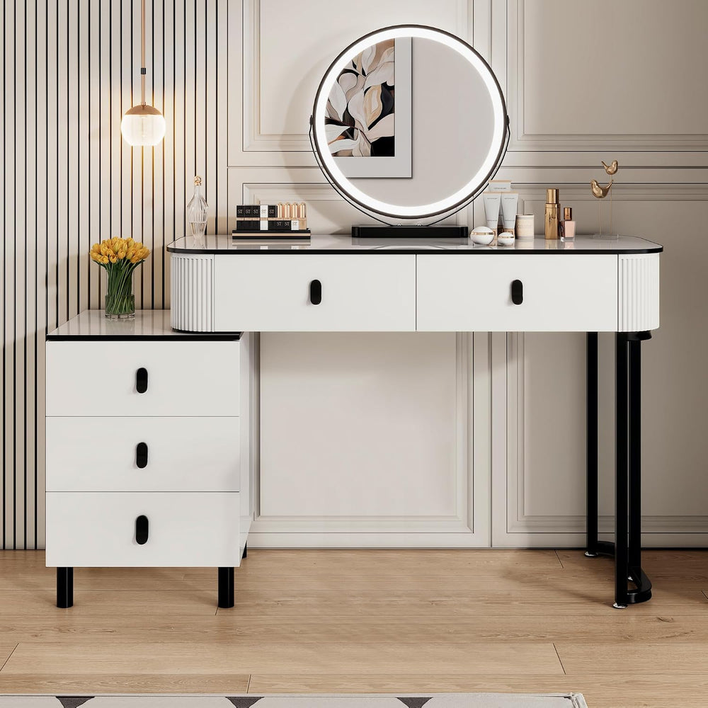 KDCAS Small Makeup Vanity Desk with Mirror and LED Lights | Modern Fluted Van...