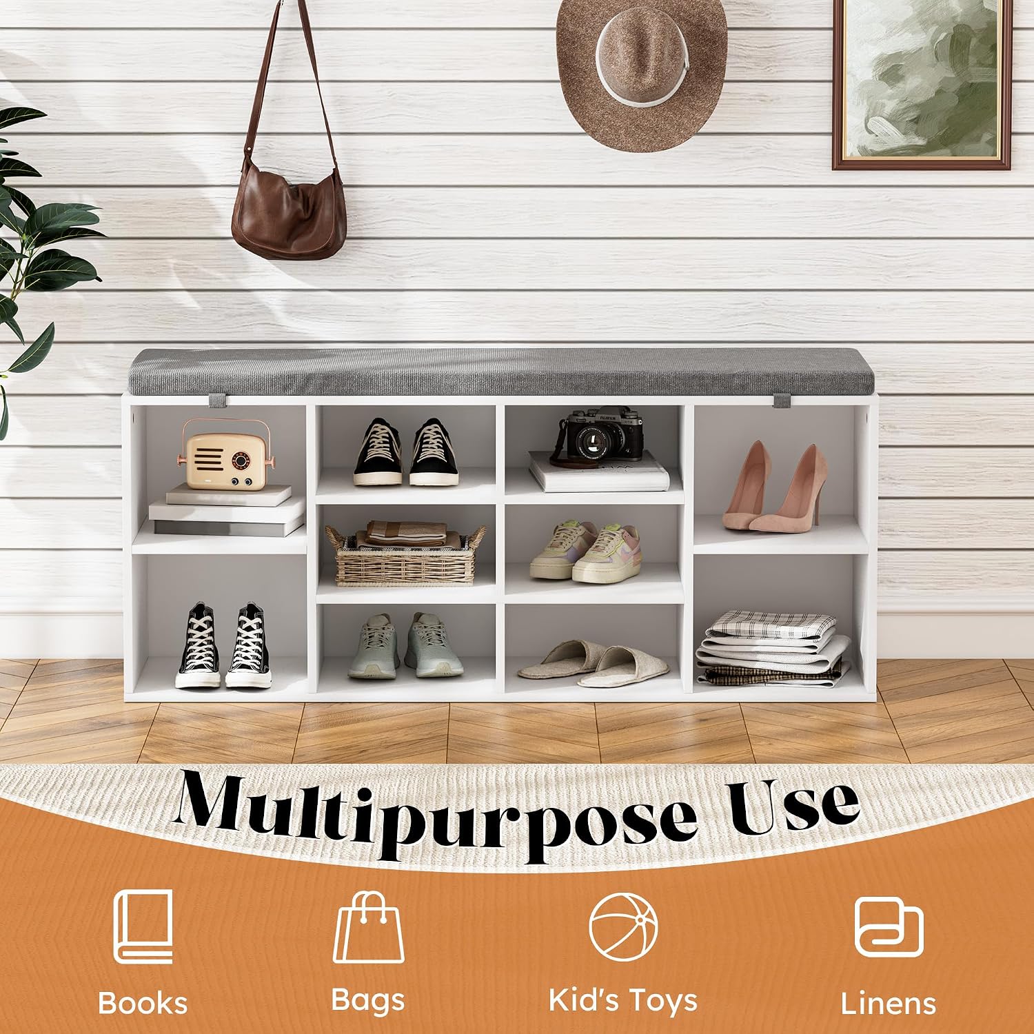 Shoe Storage Bench with Cushion, 41'' Long Entryway Bench with 10 Compartments Shoe Rack, Multifunctional Cubby Storage Organizer for Living Room, Hallway, Bedroom and Closet, White
