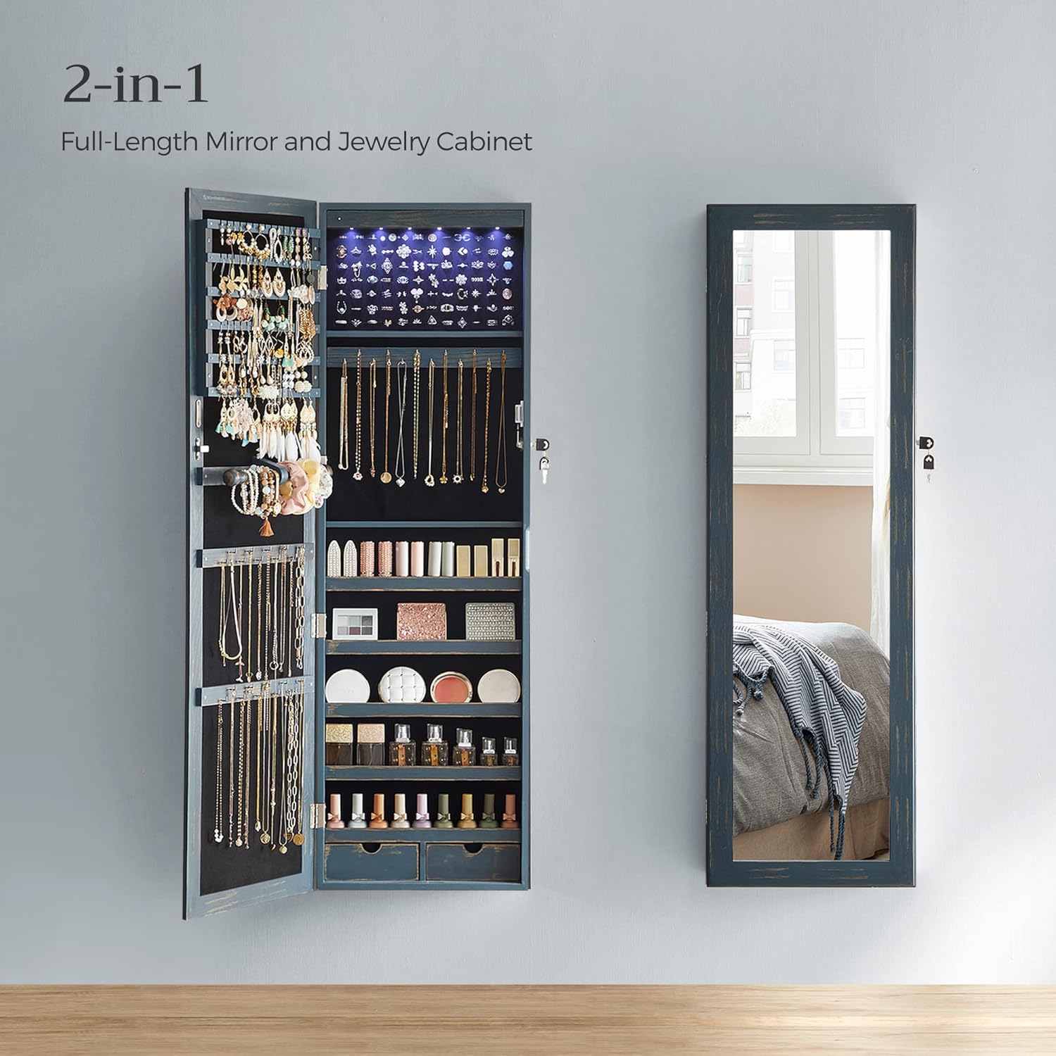 SONGMICS 6 LEDs Mirror Jewelry Cabinet, 47.2-Inch Tall Lockable Wall or Door Mounted Jewelry Armoire Organizer with Mirror, 2 Drawers, Christmas Gift, 3.9 x 14.6 x 47.2 Inches, Rustic Blue