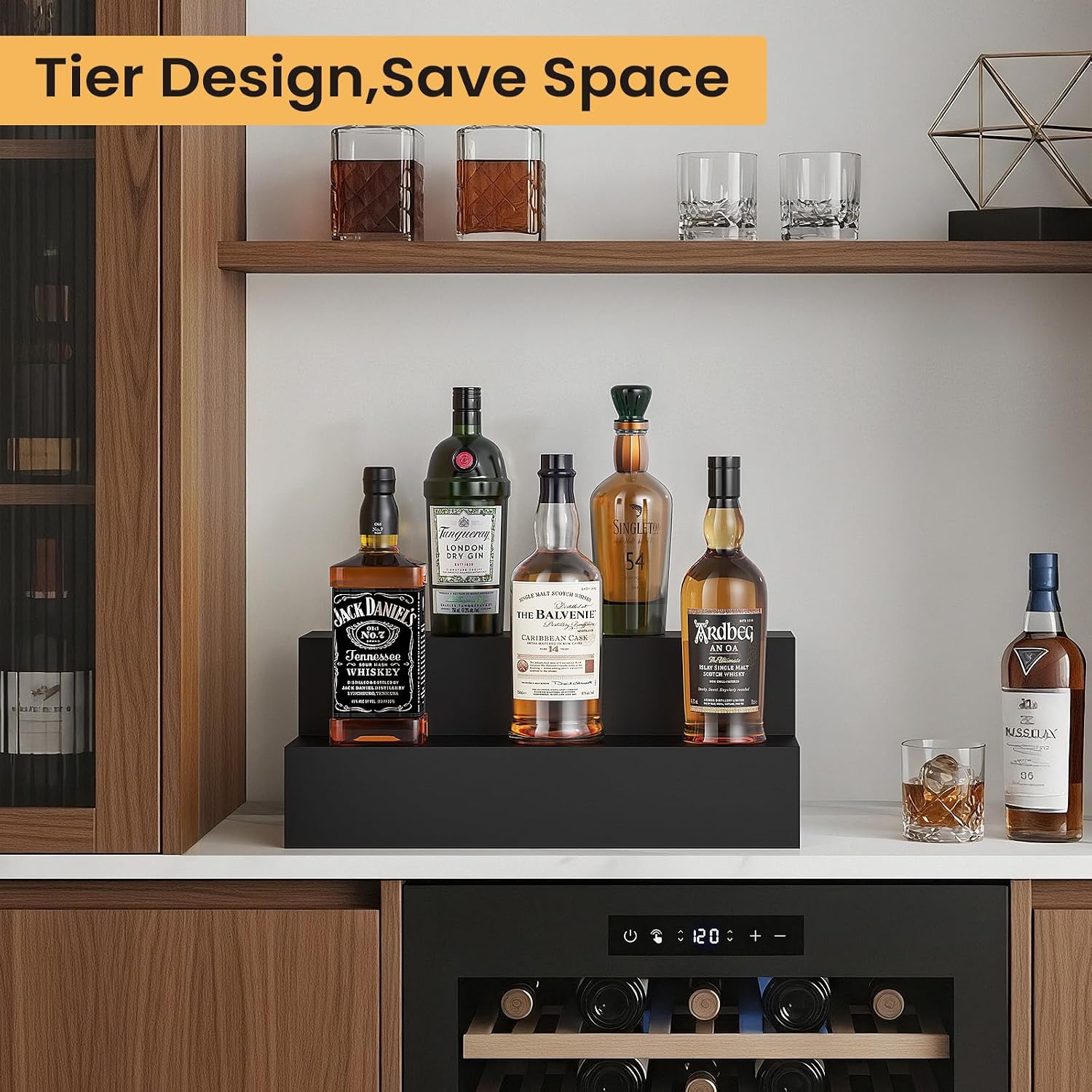 B4Life 2 Tier Liquor Bottle Display Shelf, Bar Bourbon Shelf for Whiskey, Wine Countertop Whiskey Rack Stand, Space-Saving Small Liquor Cabinet for Home, Bar, Party (Wood Bar Shelf Black-1)