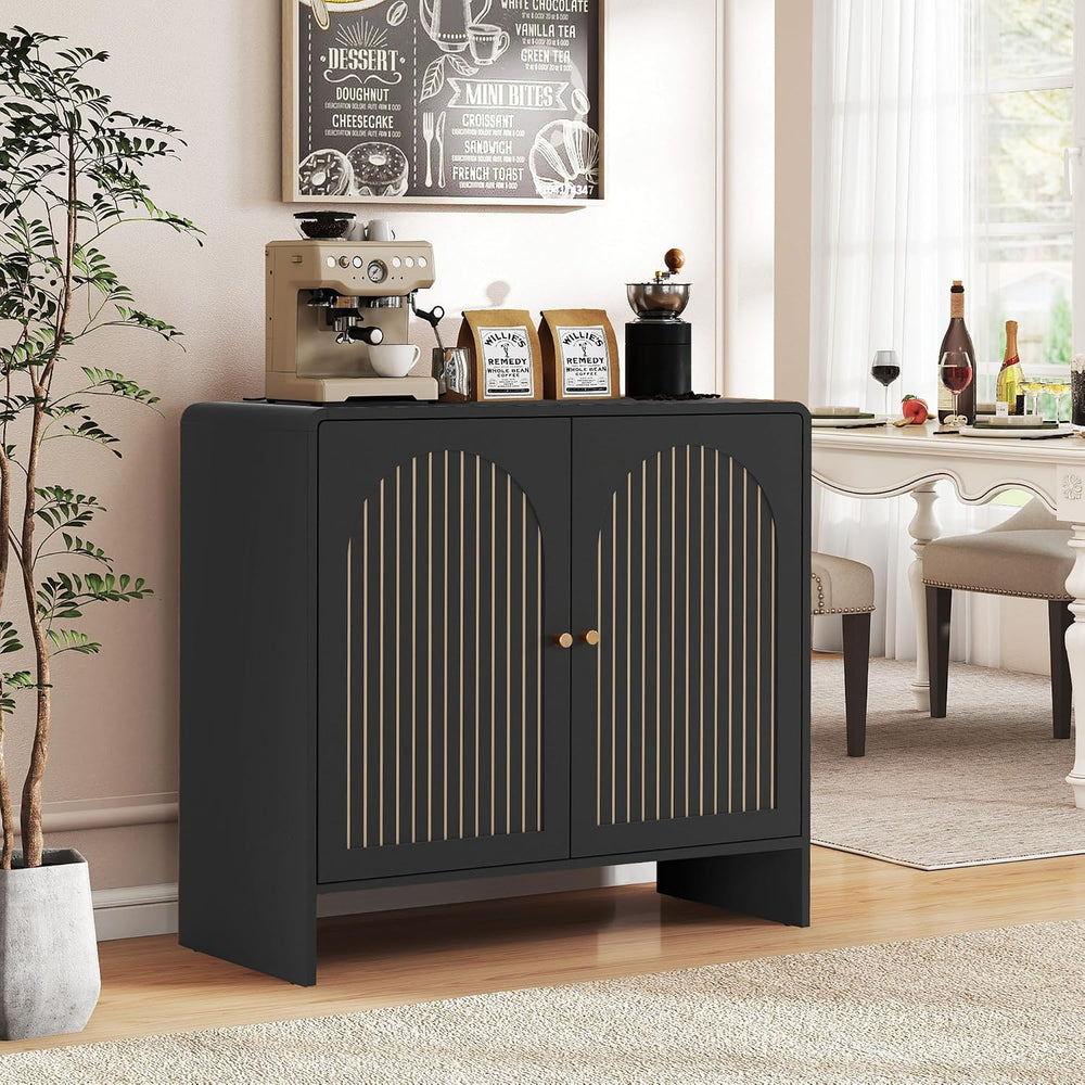 Black Sideboard Buffet Cabinet with Storage, Wood Arched Storage Cabinet with...
