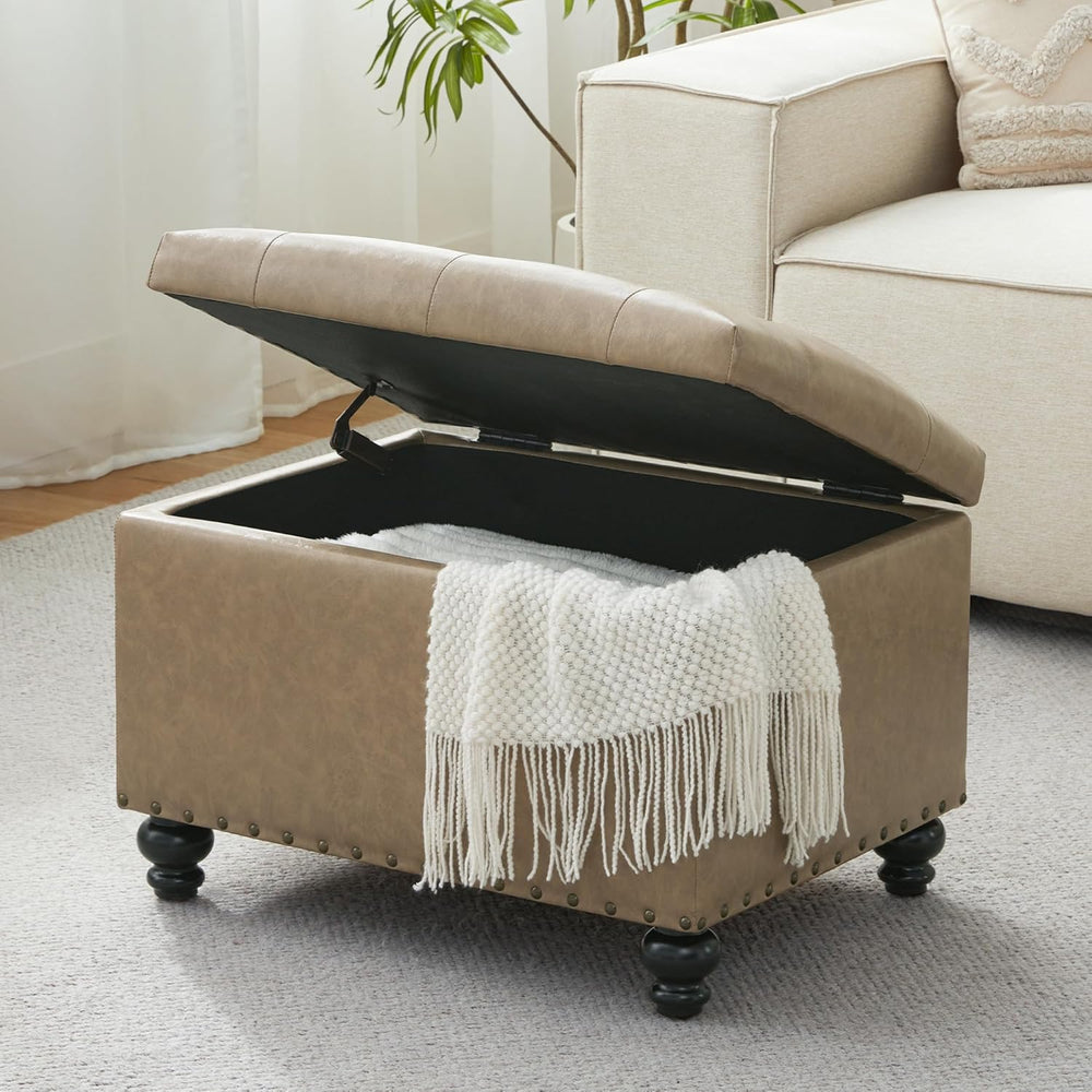 Zihanhome Leather Ottoman with Storage, Upholstered Button Tufted Ottoman Foo...